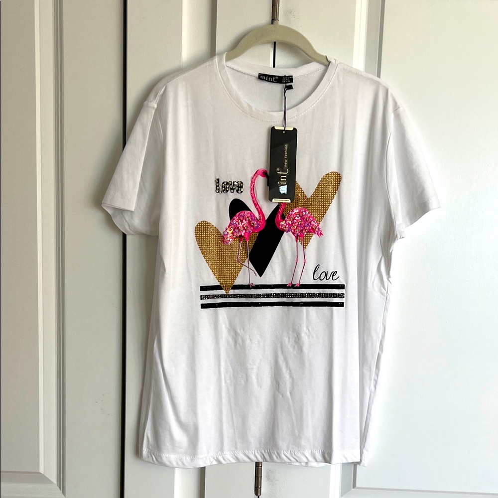 Mint White Tee with Pink Flamingo and Gold Accents